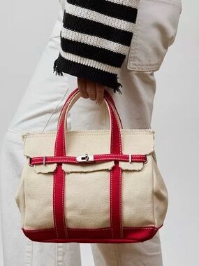 SUNWIN Boatkin Beige Canvas Tote Handbag with Red Trim Birkin Style New